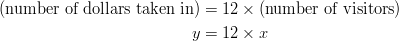 (\text{number of dollars taken in}) &= 12 \times (\text{number of visitors})\ y &= 12 \times x