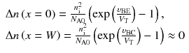 
$$ \begin{array}{l}\Delta n\left(x=0\right)=\frac{n_{\mathrm{i}}^2}{N_{\mathrm{A}0}}\left( \exp \left(\frac{\upsilon_{\mathrm{BE}}}{V_{\mathrm{T}}}\right)-1\right),\ \\ {}\Delta n\left(x=W\right)=\frac{n_{\mathrm{i}}^2}{N_{\mathrm{A}0}}\left( \exp \left(\frac{\upsilon_{\mathrm{BC}}}{V_{\mathrm{T}}}\right)-1\right)\approx 0\end{array} $$
