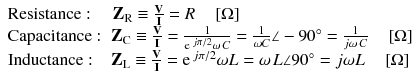 
$$ \begin{array}{l}\mathrm{Resistance}:\kern1em {\mathbf{Z}}_{\mathrm{R}}\equiv \frac{\mathbf{V}}{\mathbf{I}}=R\kern1em \left[\Omega \right]\\ {}\mathrm{Capacitance}:\kern.3em {\mathbf{Z}}_{\mathrm{C}}\equiv \frac{\mathbf{V}}{\mathbf{I}}=\frac{1}{{\mathrm{e}}^{\kern0.18em j\pi /2}\omega \kern0.1em C}=\frac{1}{\omega C}\angle -90{}^{\circ}=\frac{1}{j\omega \kern0.1em C}\kern1em \left[\Omega \right]\\ {}\mathrm{Inductance}:\kern.8em {\mathbf{Z}}_{\mathrm{L}}\equiv \frac{\mathbf{V}}{\mathbf{I}}={\mathrm{e}}^{\kern0.18em j\pi /2}\omega L=\omega \kern0.1em L\angle 90{}^{\circ}=j\omega L\kern1em \left[\Omega \right]\end{array} $$
