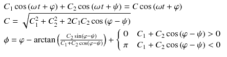 
$$ \begin{array}{l}{C}_1 \cos \left(\omega \kern0.1em t+\varphi \right)+{C}_2 \cos \left(\omega \kern0.1em t+\psi \right)=C \cos \left(\omega t+\varphi \right)\\ {}C=\sqrt{C_1^2+{C}_2^2+2{C}_1{C}_2 \cos \left(\varphi -\psi \right)}\\ {}\phi =\varphi - \arctan \left(\frac{C_2 \sin \left(\varphi -\psi \right)}{C_1+{C}_2 \cos \left(\varphi -\psi \right)}\right)+\left\{\begin{array}{c}\hfill 0\kern1em {C}_1+{C}_2 \cos \left(\varphi -\psi \right)>0\hfill \\ {}\hfill \pi \kern1em {C}_1+{C}_2 \cos \left(\varphi -\psi \right)<0\hfill \end{array}\right.\end{array} $$
