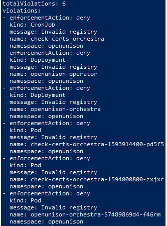 Figure 11.5 – List of objects that violate the image registry policy
