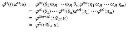 
$$\displaystyle\begin{array}{rcl} \varphi ^{\otimes }(t)\,\varphi ^{\otimes }(u)& =& \varphi ^{\otimes n}(\theta _{ 1} \otimes _{\mathcal{A}}\cdots \otimes _{\mathcal{A}}\theta _{n})\varphi ^{\otimes m}(\eta _{ 1} \otimes _{\mathcal{A}}\cdots \otimes _{\mathcal{A}}\eta _{m}) {}\\ & =& \varphi ^{\otimes 1}(\theta _{ 1})\cdots \varphi ^{\otimes 1}(\theta _{ n})\varphi ^{\otimes 1}(\eta _{ 1})\cdots \varphi ^{\otimes 1}(\eta _{ m}) {}\\ & =& \varphi ^{\otimes (n+m)}(t \otimes _{ \mathcal{A}}u) {}\\ & =& \varphi ^{\otimes }(t \otimes _{ \mathcal{A}}u), {}\\ \end{array}$$
