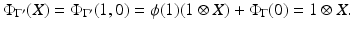 
$$\displaystyle{\Phi _{\Gamma ^{{\prime}}}(X) = \Phi _{\Gamma ^{{\prime}}}(1,0) =\phi (1)(1 \otimes X) + \Phi _{\Gamma }(0) = 1 \otimes X.}$$
