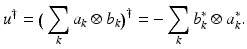 
$$\displaystyle{ u^{\dag } =\big (\sum _{ k}a_{k} \otimes b_{k}\big)^{\dag } = -\sum _{ k}b_{k}^{{\ast}}\otimes a_{ k}^{{\ast}}. }$$
