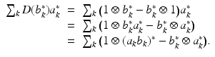 
$$\displaystyle\begin{array}{rcl} \sum _{k}D(b_{k}^{{\ast}})a_{ k}^{{\ast}}& =& \sum _{ k}\big(1 \otimes b_{k}^{{\ast}}- b_{ k}^{{\ast}}\otimes 1\big)a_{ k}^{{\ast}} \\ & =& \sum _{k}\big(1 \otimes b_{k}^{{\ast}}a_{ k}^{{\ast}}- b_{ k}^{{\ast}}\otimes a_{ k}^{{\ast}}\big) \\ & =& \sum _{k}\big(1 \otimes (a_{k}b_{k})^{{\ast}}- b_{ k}^{{\ast}}\otimes a_{ k}^{{\ast}}\big).{}\end{array}$$
