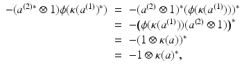 
$$\displaystyle\begin{array}{rcl} -(a^{(2){\ast}}\otimes 1)\phi (\kappa (a^{(1)})^{{\ast}})& =& -(a^{(2)} \otimes 1)^{{\ast}}(\phi (\kappa (a^{(1)})))^{{\ast}} {}\\ & =& -\big(\phi (\kappa (a^{(1)}))(a^{(2)} \otimes 1)\big)^{{\ast}} {}\\ & =& -(1 \otimes \kappa (a))^{{\ast}} {}\\ & =& -1 \otimes \kappa (a)^{{\ast}}, {}\\ \end{array}$$
