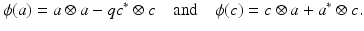 
$$\displaystyle{\phi (a) = a \otimes a - qc^{{\ast}}\otimes c\quad \mathrm{and}\quad \phi (c) = c \otimes a + a^{{\ast}}\otimes c.}$$
