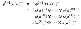 
$$\displaystyle\begin{array}{rcl} \phi ^{k-1}(\kappa (a)^{{\ast}})& =& (\,\phi ^{k-1}(\kappa (a))\,)^{{\ast}} {}\\ & =& (\,\kappa (a)^{(1)} \otimes \cdots \otimes \kappa (a)^{(k)}\,)^{{\ast}} {}\\ & =& (\,\kappa (a^{(k)}) \otimes \cdots \otimes \kappa (a^{(1)})\,)^{{\ast}} {}\\ & =& \kappa (a^{(k)})^{{\ast}}\otimes \cdots \otimes \kappa (a^{(1)})^{{\ast}}. {}\\ \end{array}$$
