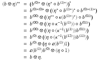 
$$\displaystyle\begin{array}{rcl} (b\otimes \eta )^{{\ast}{\ast}}& =& \big(b^{(0){\ast}}\otimes (\eta ^{{\ast}}\circ b^{(1){\ast}})\big)^{{\ast}} {}\\ & =& b^{(0){\ast}(0){\ast}}\otimes \big ((\eta ^{{\ast}}\circ b^{(1){\ast}})^{{\ast}}\circ b^{(0){\ast}(1){\ast}}\big) {}\\ & =& b^{(00)} \otimes \big ((\eta ^{{\ast}{\ast}}\circ \kappa (b^{(1){\ast}})^{{\ast}}) \circ b^{(01)}\big) {}\\ & =& b^{(00)} \otimes \big ((\eta \circ \kappa ^{-1}(b^{(1)})) \circ b^{(01)}\big) {}\\ & =& b^{(00)} \otimes \big ((\eta \circ (\kappa ^{-1}(b^{(1)}))b^{(01)})\big) {}\\ & =& b^{(0)} \otimes \big ((\eta \circ (\kappa ^{-1}(b^{(12)}))b^{(11)})\big) {}\\ & =& b^{(0)} \otimes \big (\eta \circ \varepsilon (b^{(1)})1\big) {}\\ & =& \varepsilon (b^{(1)})b^{(0)} \otimes (\eta \circ 1) {}\\ & =& b \otimes \eta. {}\\ \end{array}$$
