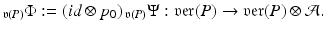 
$$\displaystyle{_{\mathfrak{v}(P)}\Phi:= (\mathit{id} \otimes p_{0})\,_{\mathfrak{v}(P)}\Psi: \mathfrak{v}\mathfrak{e}\mathfrak{r}(P) \rightarrow \mathfrak{v}\mathfrak{e}\mathfrak{r}(P) \otimes \mathcal{A}.}$$
