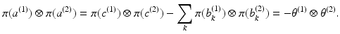 
$$\displaystyle{\pi (a^{(1)}) \otimes \pi (a^{(2)}) =\pi (c^{(1)}) \otimes \pi (c^{(2)}) -\sum _{ k}\pi (b_{k}^{(1)}) \otimes \pi (b_{ k}^{(2)}) = -\theta ^{(1)} \otimes \theta ^{(2)}.}$$
