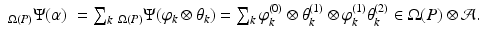 
$$\displaystyle\begin{array}{rcl} _{\Omega (P)}\Psi (\alpha )& =\sum _{k}\,_{\Omega (P)}\Psi (\varphi _{k} \otimes \theta _{k}) =\sum _{k}\varphi _{k}^{(0)} \otimes \theta _{k}^{(1)} \otimes \varphi _{k}^{(1)}\theta _{k}^{(2)} \in \Omega (P) \otimes \mathcal{A}.& {}\\ \end{array}$$
