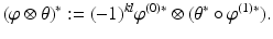 
$$\displaystyle{(\varphi \otimes \theta )^{{\ast}}:= (-1)^{kl}\varphi ^{(0){\ast}}\otimes (\theta ^{{\ast}}\circ \varphi ^{(1){\ast}}).}$$
