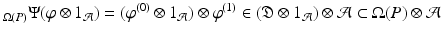 
$$\displaystyle{_{\Omega (P)}\Psi (\varphi \otimes 1_{\mathcal{A}}) = (\varphi ^{(0)} \otimes 1_{ \mathcal{A}}) \otimes \varphi ^{(1)} \in (\mathfrak{D} \otimes 1_{ \mathcal{A}}) \otimes \mathcal{A}\subset \Omega (P) \otimes \mathcal{A}}$$
