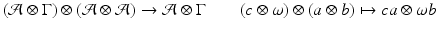 
$$\displaystyle{ (\mathcal{A}\otimes \Gamma ) \otimes (\mathcal{A}\otimes \mathcal{A}) \rightarrow \mathcal{A}\otimes \Gamma \quad \quad (c\otimes \omega ) \otimes (a \otimes b)\mapsto ca \otimes \omega b }$$
