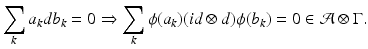 
$$\displaystyle{ \sum _{k}a_{k}db_{k} = 0\Rightarrow\sum _{k}\phi (a_{k})(\mathit{id} \otimes d)\phi (b_{k}) = 0 \in \mathcal{A}\otimes \Gamma. }$$
