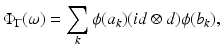 
$$\displaystyle{ \Phi _{\Gamma }(\omega ) =\sum _{k}\phi (a_{k})(\mathit{id} \otimes d)\phi (b_{k}), }$$
