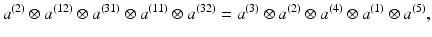 
$$\displaystyle{a^{(2)} \otimes a^{(12)} \otimes a^{(31)} \otimes a^{(11)} \otimes a^{(32)} = a^{(3)} \otimes a^{(2)} \otimes a^{(4)} \otimes a^{(1)} \otimes a^{(5)},}$$
