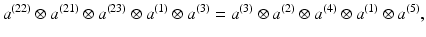 
$$\displaystyle{a^{(22)} \otimes a^{(21)} \otimes a^{(23)} \otimes a^{(1)} \otimes a^{(3)} = a^{(3)} \otimes a^{(2)} \otimes a^{(4)} \otimes a^{(1)} \otimes a^{(5)},}$$
