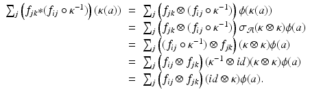 
$$\displaystyle\begin{array}{rcl} \sum _{j}\left (f_{jk} {\ast} (f_{ij} \circ \kappa ^{-1})\right )(\kappa (a))& =& \sum _{ j}\left (f_{jk} \otimes (f_{ij} \circ \kappa ^{-1})\right )\phi (\kappa (a)) {}\\ & =& \sum _{j}\left (f_{jk} \otimes (f_{ij} \circ \kappa ^{-1})\right )\sigma _{ \mathcal{A}}(\kappa \otimes \kappa )\phi (a) {}\\ & =& \sum _{j}\left ((f_{ij} \circ \kappa ^{-1}) \otimes f_{ jk}\right )(\kappa \otimes \kappa )\phi (a) {}\\ & =& \sum _{j}\left (f_{ij} \otimes f_{jk}\right )(\kappa ^{-1} \otimes id)(\kappa \otimes \kappa )\phi (a) {}\\ & =& \sum _{j}\left (f_{ij} \otimes f_{jk}\right )(id\otimes \kappa )\phi (a). {}\\ \end{array}$$
