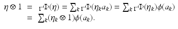 
$$\displaystyle\begin{array}{rcl} \eta \otimes 1& =& \,_{\Gamma }\Phi (\eta ) =\sum _{k}{}_{\Gamma }\Phi (\eta _{k}a_{k}) =\sum _{k}{}_{\Gamma }\Phi (\eta _{k})\phi (a_{k}) {}\\ & =& \sum _{k}(\eta _{k} \otimes 1)\phi (a_{k}). {}\\ \end{array}$$
