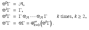 
$$\displaystyle\begin{array}{rcl} \otimes ^{0}\Gamma & =& \mathcal{A}, {}\\ \otimes ^{1}\Gamma & =& \Gamma, {}\\ \otimes ^{k}\Gamma & =& \Gamma \otimes _{ \mathcal{A}}\cdots \otimes _{\mathcal{A}}\Gamma \quad \quad k\,\,\mathrm{times},\,k \geq 2, {}\\ \otimes ^{{\ast}}\Gamma & =& \otimes \Gamma = \oplus _{ k=0}^{\infty }\left (\otimes ^{k}\Gamma \right ). {}\\ \end{array}$$
