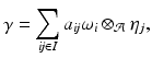 
$$\displaystyle{ \gamma =\sum _{\mathit{ij}\in I}a_{\mathit{ij}}\omega _{i} \otimes _{\mathcal{A}}\eta _{j}, }$$
