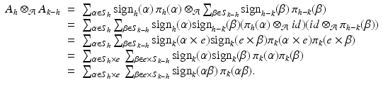 
$$\displaystyle\begin{array}{rcl} A_{h} \otimes _{\mathcal{A}}A_{k-h}& =& \sum _{\alpha \in S_{h}}\mathrm{sign}_{h}(\alpha )\,\pi _{h}(\alpha ) \otimes _{\mathcal{A}}\sum _{\beta \in S_{k-h}}\mathrm{sign}_{h-k}(\beta )\,\pi _{h-k}(\beta ) {}\\ & =& \sum _{\alpha \in S_{h}}\sum _{\beta \in S_{k-h}}\mathrm{sign}_{h}(\alpha )\mathrm{sign}_{h-k}(\beta )(\pi _{h}(\alpha ) \otimes _{\mathcal{A}}id)(id \otimes _{\mathcal{A}}\pi _{h-k}(\beta )) {}\\ & =& \sum _{\alpha \in S_{h}}\sum _{\beta \in S_{k-h}}\mathrm{sign}_{k}(\alpha \times e)\mathrm{sign}_{k}(e\times \beta )\pi _{k}(\alpha \times e)\pi _{k}(e\times \beta ) {}\\ & =& \sum _{\alpha \in S_{h}\times e}\,\sum _{\beta \in e\times S_{k-h}}\mathrm{sign}_{k}(\alpha )\mathrm{sign}_{k}(\beta )\,\pi _{k}(\alpha )\pi _{k}(\beta ) {}\\ & =& \sum _{\alpha \in S_{h}\times e}\,\sum _{\beta \in e\times S_{k-h}}\mathrm{sign}_{k}(\alpha \beta )\,\pi _{k}(\alpha \beta ). {}\\ \end{array}$$
