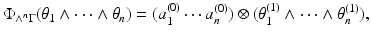 
$$\displaystyle{ \Phi _{\wedge ^{n}\Gamma }(\theta _{1} \wedge \cdots \wedge \theta _{n}) = (a_{1}^{(0)}\cdots a_{ n}^{(0)}) \otimes (\theta _{ 1}^{(1)} \wedge \cdots \wedge \theta _{ n}^{(1)}), }$$
