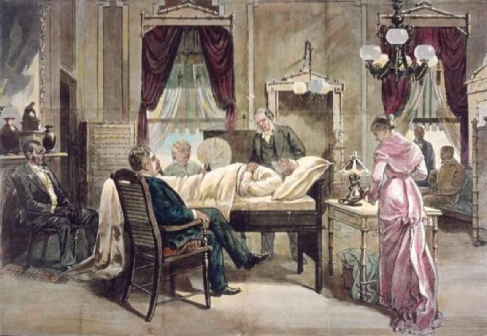 Scenes like this one were common in the White House after President Garfield was shot, as well as in the New Jersey cottage in which he died on September 19, 1881.  Almon Rockwell was with his old friend as much as possible between the shooting and the President's death.  (Wikipedia)