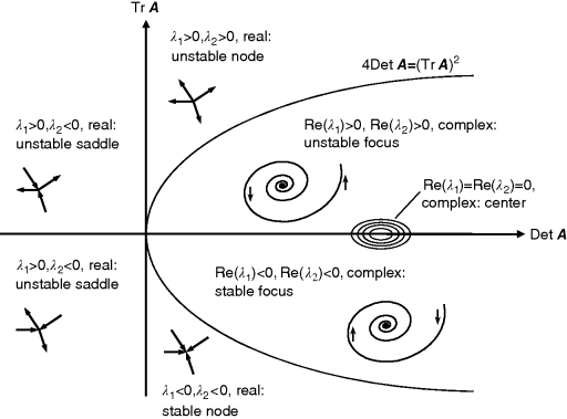 A plot of trace versus determinant for a differential equation system with two variables. Indicated are different region of stability and the respective ranges of eigenvalues as well as the principle behavior of the system in phase plane.