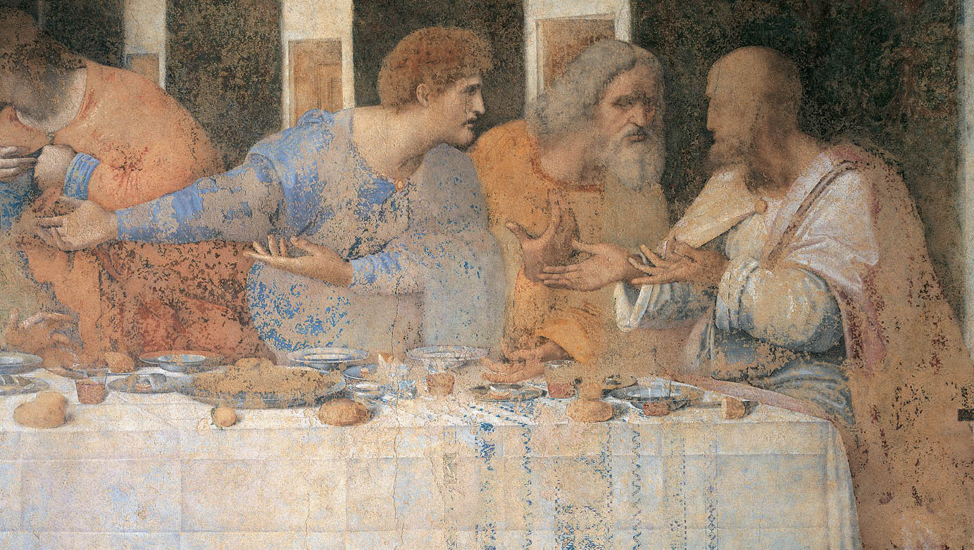 Immagine dell'Ultima Cena di Leonardo da Vinci, 1495-1497, particolare con Matteo, Giuda Taddeo e Simone Zelota, Milano, refettorio del convento di Santa Maria delle Grazie