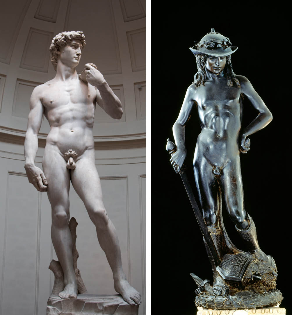 a sinistra immagine del David di Michelangelo Buonarroti, 1501-1504, Firenze, Galleria dell’Accademia; a destra immagine del David di Donatello, 1440 circa, Firenze, Museo Nazionale del Bargello, 1501-1504, Firenze, Galleria dell’Accademia