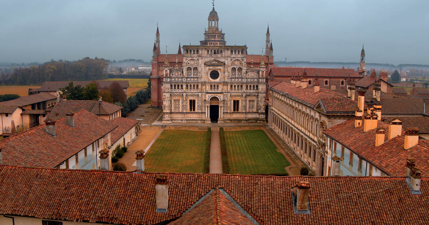 Immagine della veduta aerea della certosa di Pavia, 1396-1507