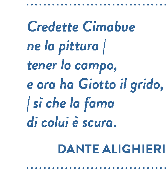 Citazione di Dante Alighieri. Credette Cimabue ne la pittura tener lo campo, e ora ha Giotto il grido, | sì che la fama di colui è scura.