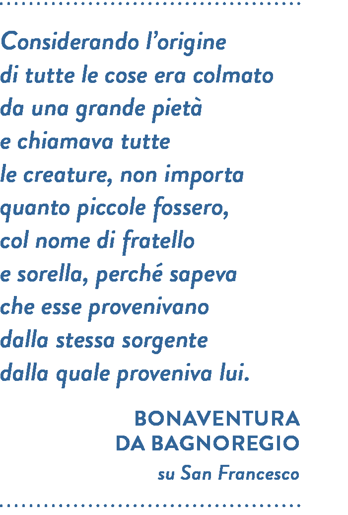 Citazione di Bonaventura da Bagnoregio su San Francesco. Considerando l’origine di tutte le cose era colmato da una grande pietà e chiamava tutte le creature, non importa quanto piccole fossero, col nome di fratello e sorella, perché sapeva che esse provenivano dalla stessa sorgente dalla quale proveniva lui.