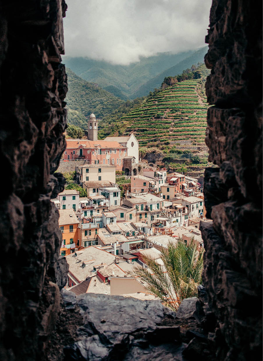 Immagine delle Cinque terre, scorcio di Vernazza con i caratteristici terrazzamenti sullo sfondo