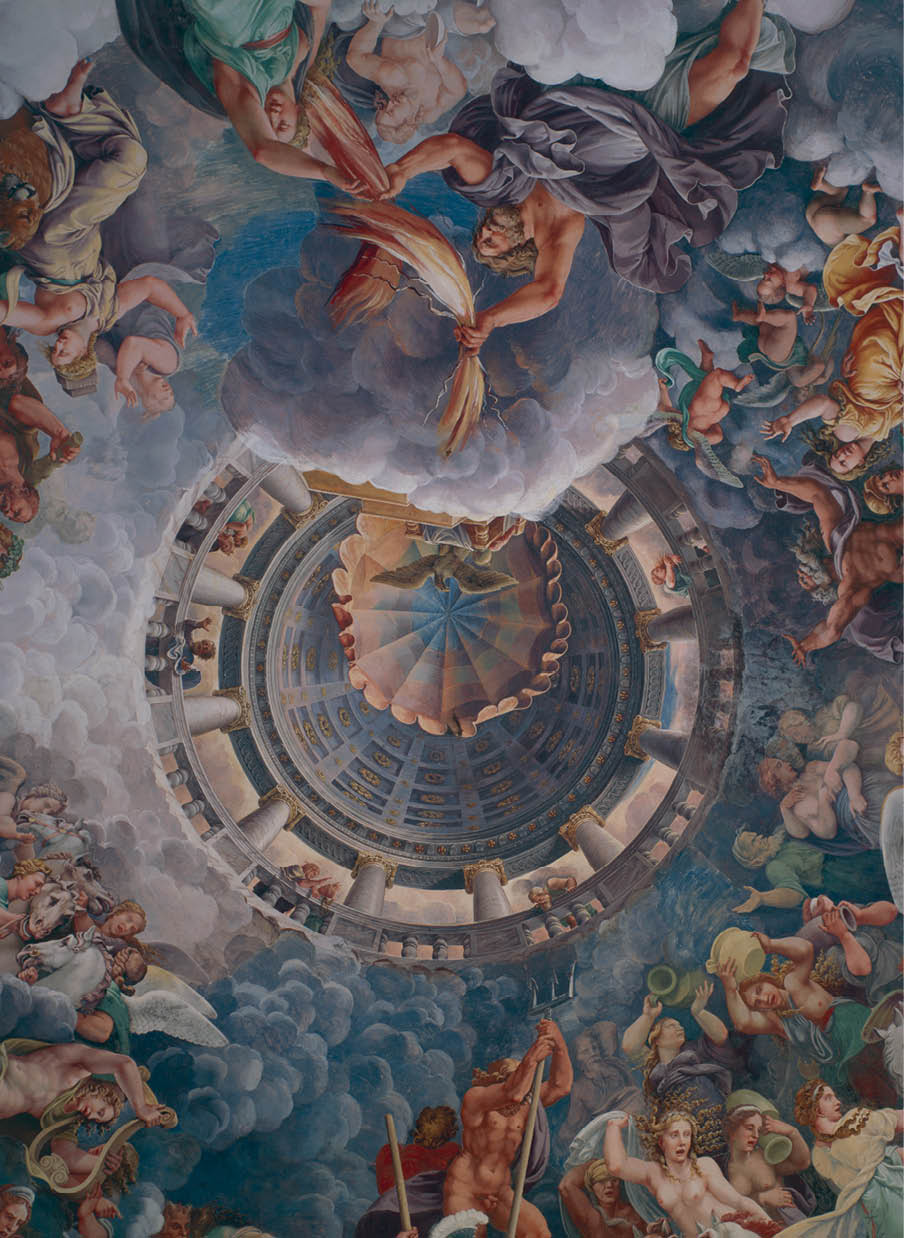 Immagine di un dipinto di Giulio Romano, Zeus fulmina i giganti, 1532-1535, particolare, Mantova, Palazzo Te