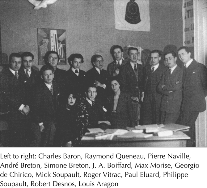 Left to right: Charles Baron, Raymond Queneau, Pierre Naville, André Breton, Simone Breton, J. A. Boiffard, Max Morise, Georgio de Chirico, Mick Soupault, Roger Vitrac, Paul Eluard, Philippe Soupault, Robert Desnos, Louis Aragon