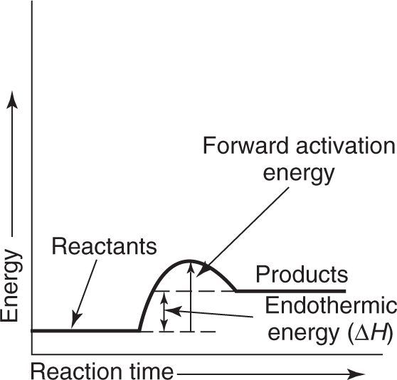 An Endothermic reaction showing forward activation energy and the addition of endothermic energy for products with more energy than reactants. 