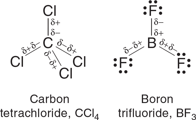 Image of carbon tetrachloride shows a C in the middle bonded to four Cls, with negative delta symbols near the C and positive delta symbols near the Cls. Image of boron trifluoride shows a B in the middle bonded to three Fs with positive delta symbols near the B and negative delta symbols near the Fs.