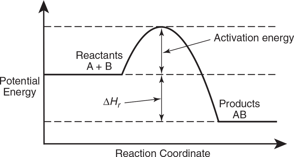 Reaction graph showing potential energy on the vertical axis and reaction coordinate on the horizontal axis. Reactants A + B make a curve of activation energy which then decline in potential energy to from products AB. 