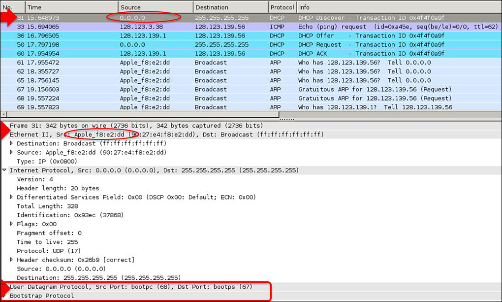 Screenshot shows captured DHCP Packets.