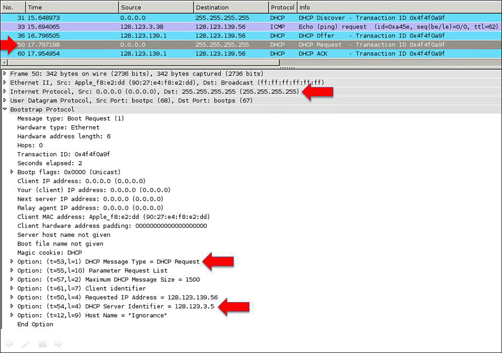 Screenshot shows a DHCP request packet.