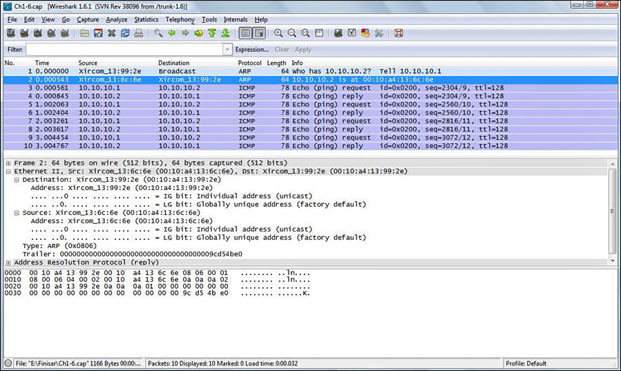 Screenshot shows computer 2 replying with its MAC address back to computer 1.