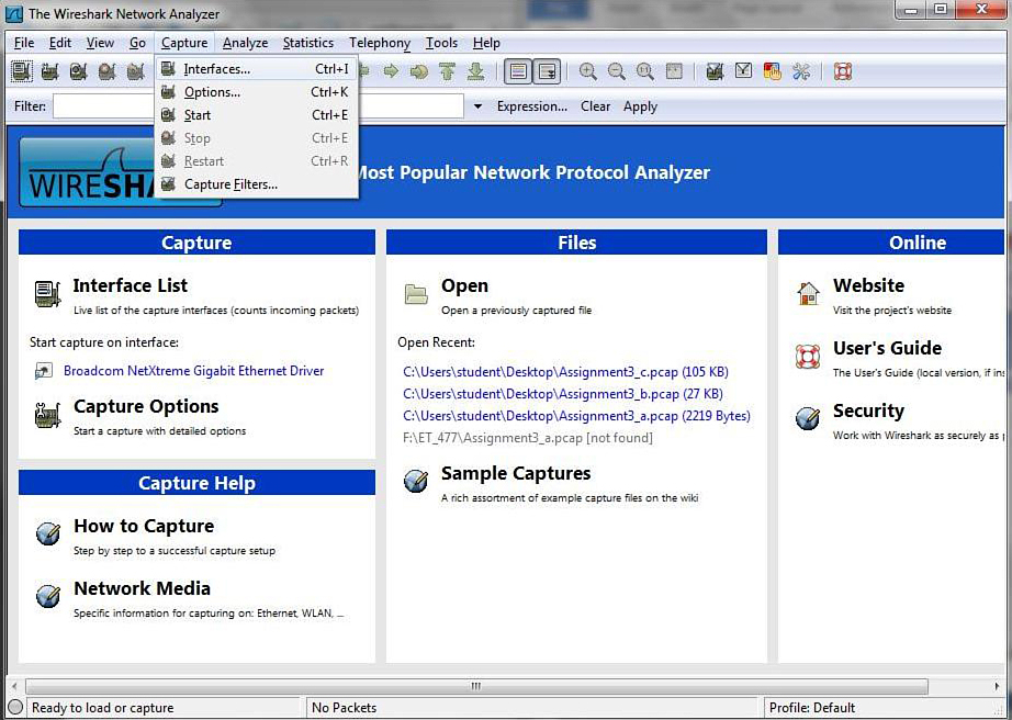 Screenshot depicts the initialization of Wireshark to capture data packets from a network.