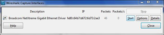 Screenshot shows the Wireshark: Capture Interfaces dialog box. Description with Help button is along with Start, Options, Details, Help, and Close buttons are shown.