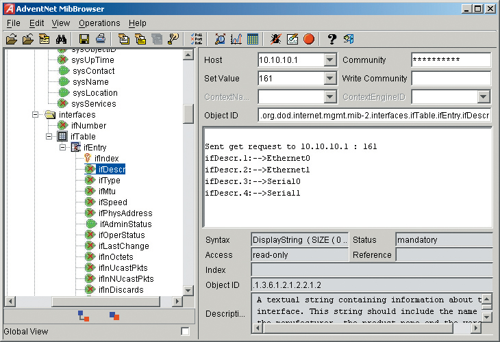 Screenshot shows the AdventNet MibBrowser dialog box.