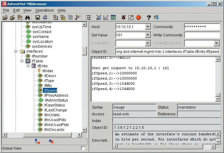 Screenshot shows the AdventNet MibBrowser dialog box.