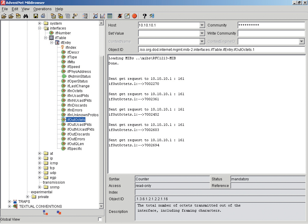 Screenshot shows an SNMP traffic statistics window.